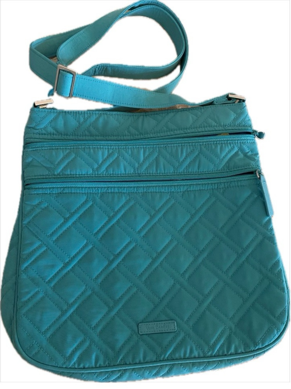 Vera Bradley teal turquoise quilted fabric crossbody bag, top zipper
